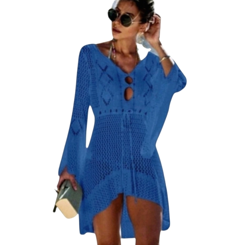 TRÏBE Crocheted lace high low swimsuit cover up  beach dress navy blue O/S NWT
